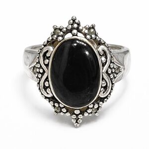 Vintage CZM  Silver tone Black Onyx Cabochon Ring Marcasite Style Boho Gothic 8